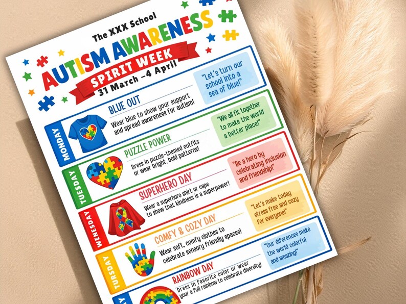 school spirit,spring event flyer,school spirit wear,special needs kids,spirit week flyer,editable template,canva template,week schedule,spirit week template,spirit week schedule,autism awareness,spring flyer,flyer template