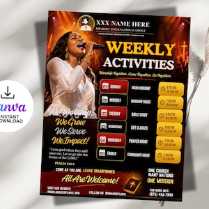 Peut inclure: Un modèle de flyer rectangulaire montrant une personne chantant dans un micro, intitulé Weekly Activities. Il liste des événements religieux du dimanche au vendredi avec des horaires, inclut le texte We Worship, We Grow, We Serve, We Impact et Psaume 122:1.