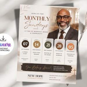 May include: A flyer promoting "Monthly Sundays" at New Hope Community Church, featuring a photo of a smiling man. The flyer includes dates, themes, and Bible verses. The Canva instant download logo is visible.