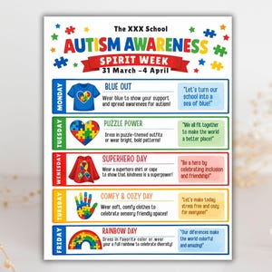 school spirit,spring event flyer,school spirit wear,special needs kids,spirit week flyer,editable template,canva template,week schedule,spirit week template,spirit week schedule,autism awareness,spring flyer,flyer template
