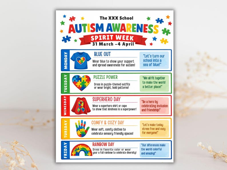 school spirit,spring event flyer,school spirit wear,special needs kids,spirit week flyer,editable template,canva template,week schedule,spirit week template,spirit week schedule,autism awareness,spring flyer,flyer template