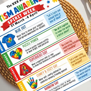 May include: A colorful flyer for Autism Awareness Spirit Week, March 31-April 4. It features daily themes like "Blue Out" and "Superhero Day," with associated images and quotes. The flyer is set against a woven background.