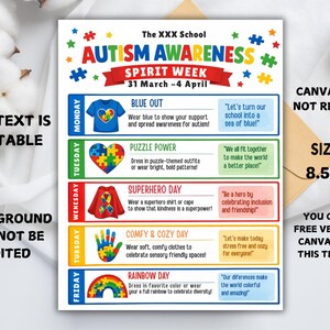 school spirit,spring event flyer,school spirit wear,special needs kids,spirit week flyer,editable template,canva template,week schedule,spirit week template,spirit week schedule,autism awareness,spring flyer,flyer template