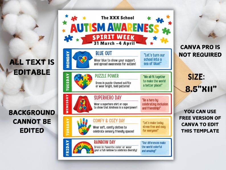 school spirit,spring event flyer,school spirit wear,special needs kids,spirit week flyer,editable template,canva template,week schedule,spirit week template,spirit week schedule,autism awareness,spring flyer,flyer template