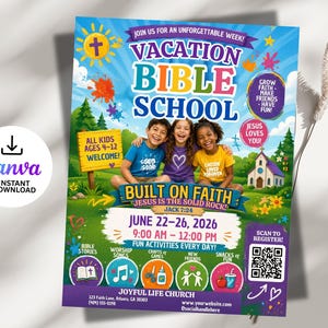 May include: A colorful flyer for Vacation Bible School, featuring three smiling children and the text "Vacation Bible School." It includes the dates June 22-26, 2026, and a QR code to register. The flyer promotes fun activities for kids ages 4-12.