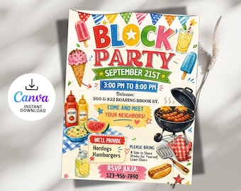 Editable Block Party Flyer Template, Neighborhood Backyard BBQ Invitation, Potluck Neighbor Meet & Greet Flyer, Grill and Chill Flyer