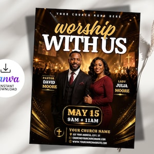 Op de afbeelding: Een flyer met de tekst "worship WITH US" in gouden letters. De flyer toont een foto van een man en een vrouw, met de namen "PASTOR DAVID MOORE" en "LADY JULIA MOORE" eronder. De datum "MAY 15" en de tijden "9AM + 11AM" worden ook weergegeven.