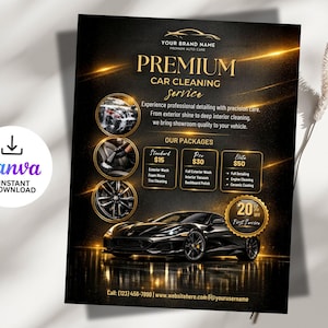 Może przedstawiać: Czarno-złota ulotka promująca usługi czyszczenia samochodów premium. Ulotka zawiera czarny samochód, szczegóły pakietów usług i tekst "PREMIUM CAR CLEANING SERVICE". Widoczne jest logo Canva.