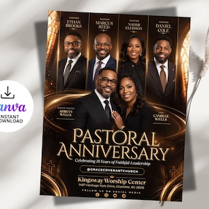 May include: A flyer for a Pastoral Anniversary celebrating 18 years of leadership at Kingsway Worship Center. It features portraits of six individuals, gold text, and swirling light effects on a dark background with church-themed graphics.