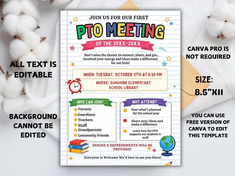 Editable PTO Meeting Flyer Template, Back to School PTA Invitation (8 ...