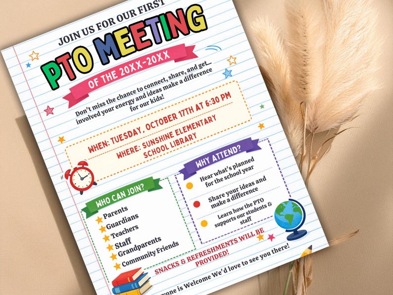 Editable PTO Meeting Flyer Template, Back to School PTA Invitation (8 ...