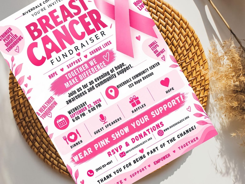 Party Invite Raffles Editable Breast Cancer Fundraiser Invitation Template | Pink Ribbon ...