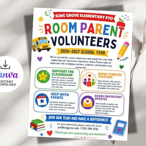 May include: A flyer for King Grove Elementary PTO Room Parent Volunteers for the 2026-2027 school year. It features colorful school-themed graphics including a yellow school bus, a pencil, and an apple, with sections detailing volunteer roles.