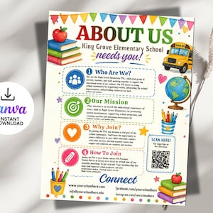 May include: A colorful flyer for King Grove Elementary School, with the text "About Us" and "needs you!". It includes illustrations of a school bus, globe, books, pencils, and an apple. The flyer promotes the school's PTA.