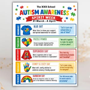 school spirit,spring event flyer,school spirit wear,special needs kids,spirit week flyer,editable template,canva template,week schedule,spirit week template,spirit week schedule,autism awareness,spring flyer,flyer template