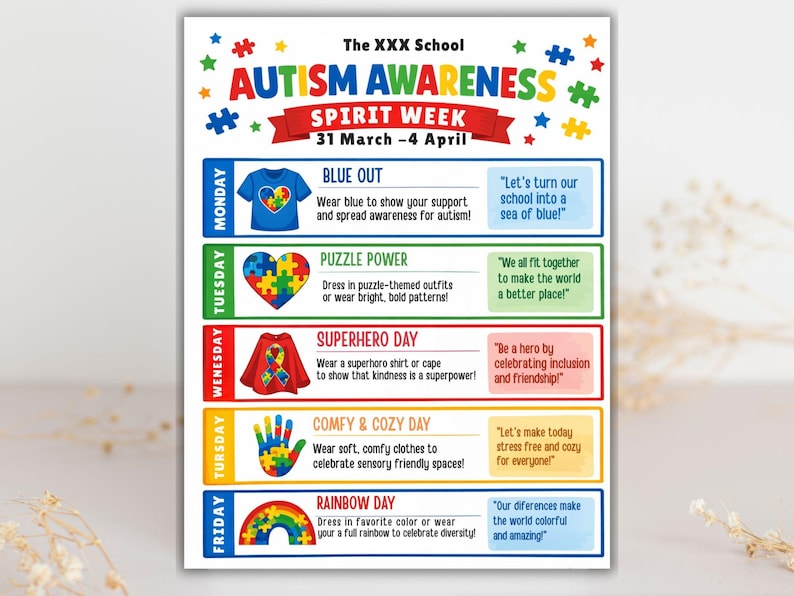 school spirit,spring event flyer,school spirit wear,special needs kids,spirit week flyer,editable template,canva template,week schedule,spirit week template,spirit week schedule,autism awareness,spring flyer,flyer template