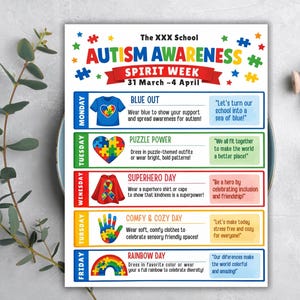 school spirit,spring event flyer,school spirit wear,special needs kids,spirit week flyer,editable template,canva template,week schedule,spirit week template,spirit week schedule,autism awareness,spring flyer,flyer template