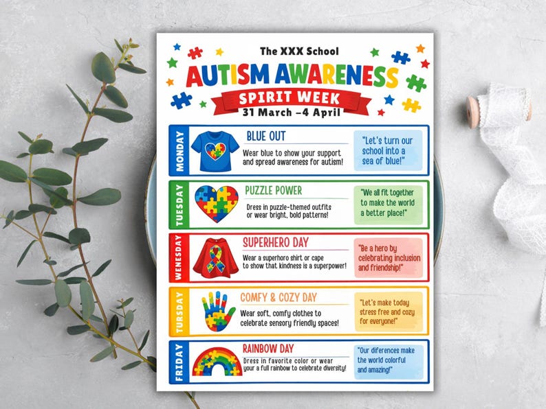 school spirit,spring event flyer,school spirit wear,special needs kids,spirit week flyer,editable template,canva template,week schedule,spirit week template,spirit week schedule,autism awareness,spring flyer,flyer template