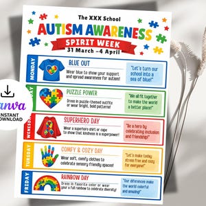 school spirit,spring event flyer,school spirit wear,special needs kids,spirit week flyer,editable template,canva template,week schedule,spirit week template,spirit week schedule,autism awareness,spring flyer,flyer template
