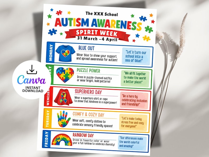 school spirit,spring event flyer,school spirit wear,special needs kids,spirit week flyer,editable template,canva template,week schedule,spirit week template,spirit week schedule,autism awareness,spring flyer,flyer template