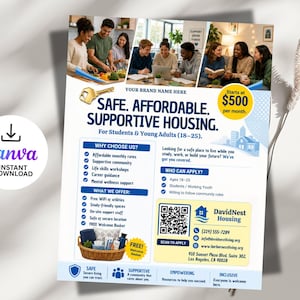 Puede incluir: Un folleto que anuncia "SAFE. AFFORDABLE. SUPPORTIVE HOUSING" para estudiantes y adultos jóvenes. El folleto incluye una foto de personas, una llave y un logotipo de Canva Instant Download.