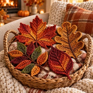 Könnte beinhalten: Eine Sammlung von vier gehäkelten Blättern in Herbstfarben, darunter ein großes rotes und oranges Ahornblatt, ein strukturiertes braunes Eichenblatt, ein mehrfarbiger Zweig mit kleinen grünen und orangen Blättern sowie ein einzelnes Blatt.