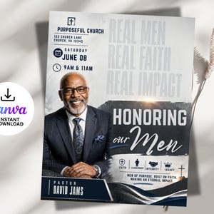 Peut inclure: Flyer publicitaire pour l'église Purposeful, avec le texte « Real Men, Real Faith, Real Impact » et « Honoring our Men ». Il présente un portrait du pasteur David Jams et les détails de l'événement le 08 juin à 9h et 11h.