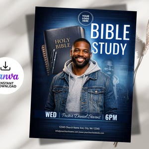 May include: A flyer for a Bible study event. The design features a smiling man in a denim jacket, a Bible, and the words "BIBLE STUDY." The flyer also includes the day, time, and location of the event.