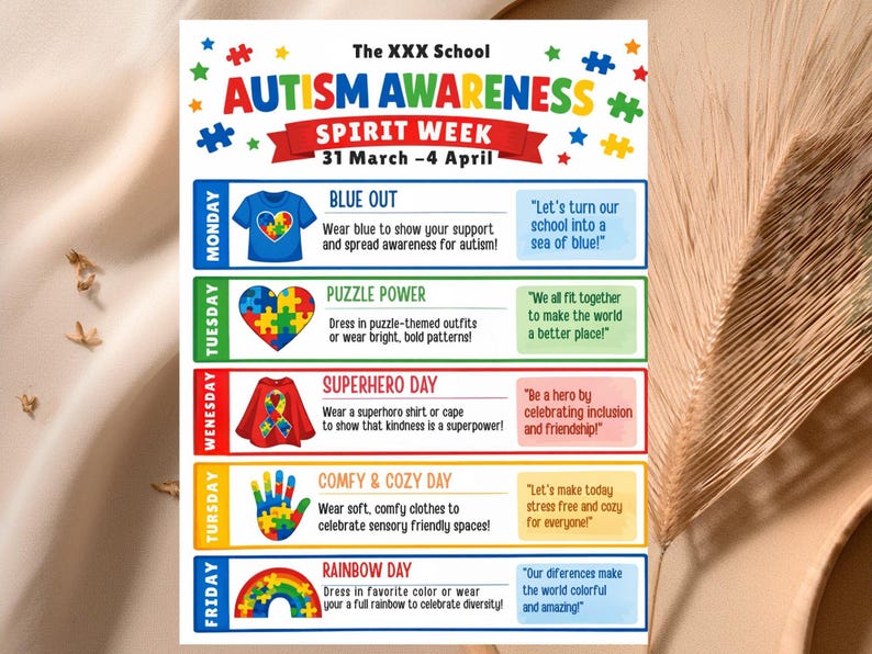 May include: An Autism Awareness Spirit Week poster with a colorful design. The poster includes daily themes like "Blue Out," "Puzzle Power," and "Superhero Day," with associated images and text. The poster is designed to promote awareness.