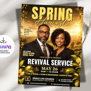 Könnte beinhalten: Ein Flyer für einen Gottesdienst zur Erweckung. Das Bild zeigt einen Mann und eine Frau, mit dem Text "Spring Harvest" oben. Der Flyer enthält Datum, Uhrzeit und Ort des Gottesdienstes.