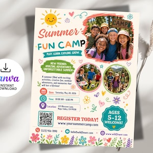 May include: A colorful flyer promoting a Summer Fun Camp, featuring images of children and camp activities. The design includes the text "Summer Fun Camp" with details about dates, times, and registration information. Ages 5-12 welcome.