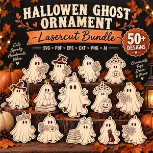 Puede incluir: Una colección digital de más de 50 diseños de adornos de fantasmas cortados con láser, con ilustraciones de fantasmas con flores, libros, gatos y setas. El texto dice HALLOWEEN GHOST ORNAMENT Lasercut Bundle, SVG, PDF, EPS, DXF, PNG, AI y 50+ DESIGNS.