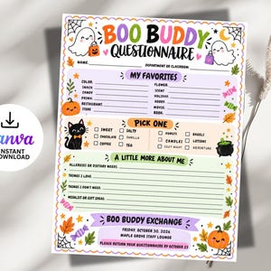 May include: A Boo Buddy Questionnaire printable sheet featuring Halloween-themed illustrations including ghosts, a black cat, pumpkins, and candy. The document includes sections for favourites, a pick one checklist, and personal details for a staff exchange.