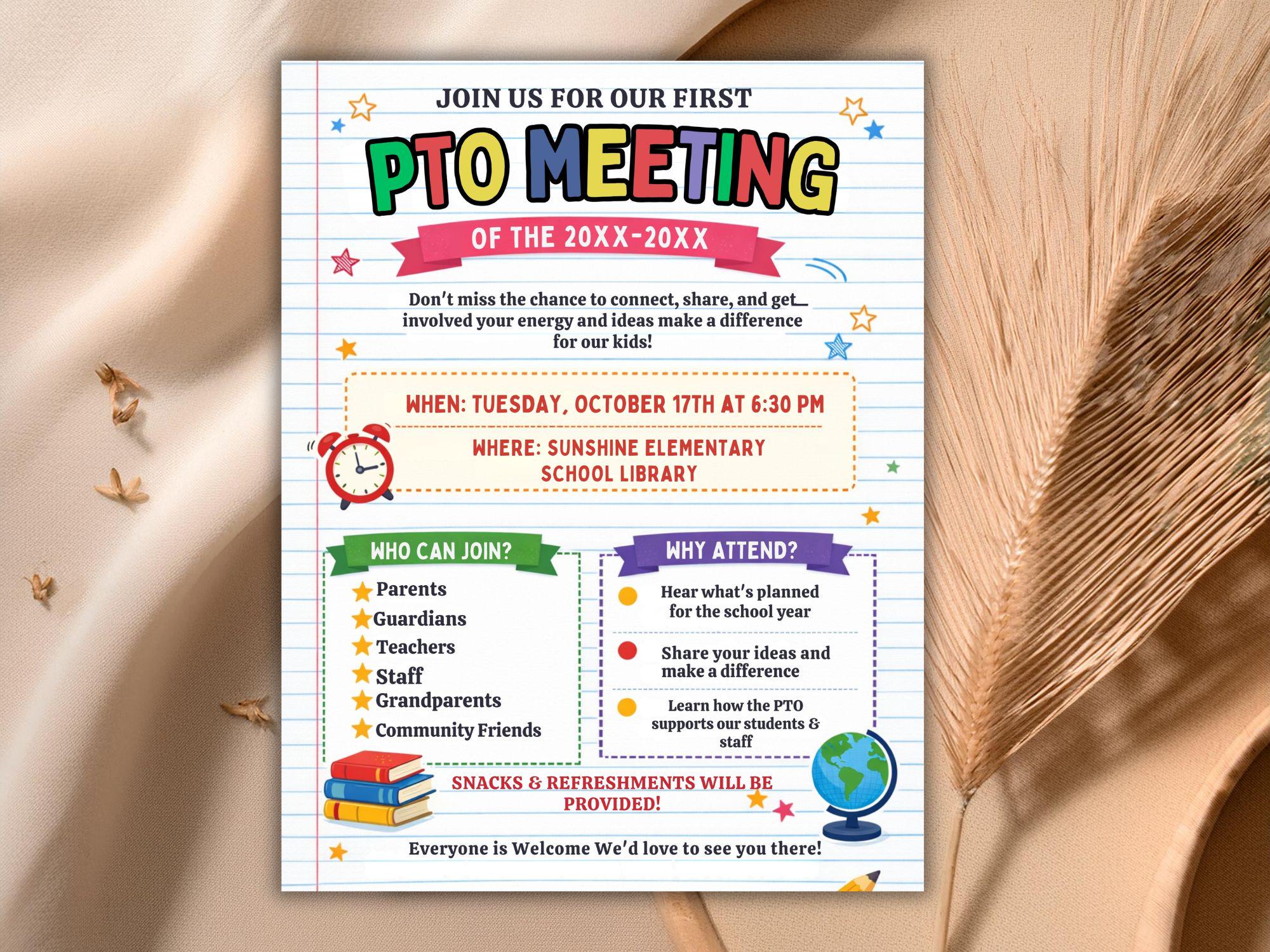 Editable PTO Meeting Flyer Template, Back to School PTA Invitation (8 ...