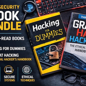 May include: Cyber security ebook bundle featuring two books: "Hacking for Dummies" and "Gray Hat Hacking: The Ethical Hacker's Handbook." The books are on a dark surface with a keyboard, glasses, and a magnifying glass.