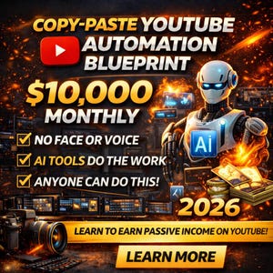 May include: A promotional graphic with the text "COPY-PASTE YOUTUBE AUTOMATION BLUEPRINT" and "$10,000 MONTHLY." It features a robot, a YouTube logo, and the phrases "NO FACE OR VOICE," "AI TOOLS DO THE WORK," and "ANYONE CAN DO THIS!" The image promotes passive income.