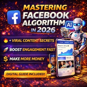 May include: An advertisement with the text "MASTERING FACEBOOK ALGORITHM IN 2026". It features a Facebook logo, a futuristic robot, and smartphones displaying graphs and people. The ad promises "VIRAL CONTENT SECRETS", "BOOST ENGAGEMENT FAST", and "MAKE MORE MONEY".
