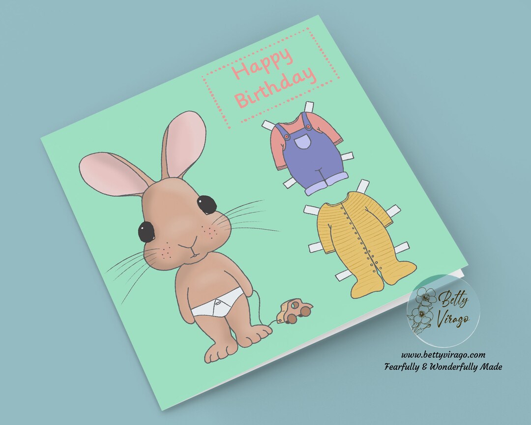 Rabbit Paper Doll Birthday Card, Baby Bunny Childs Fun Card Etsy