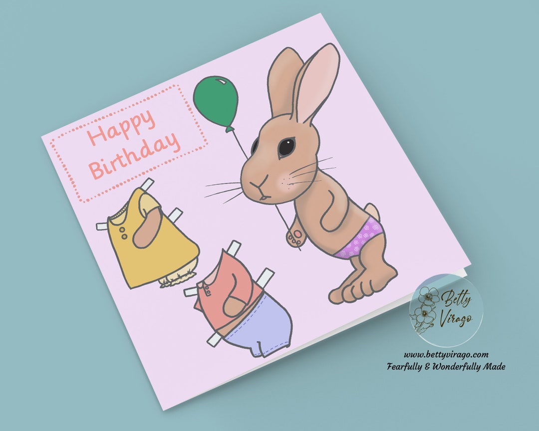 Rabbit Paper Doll Birthday Card, Baby Bunny Childs Fun Card Etsy