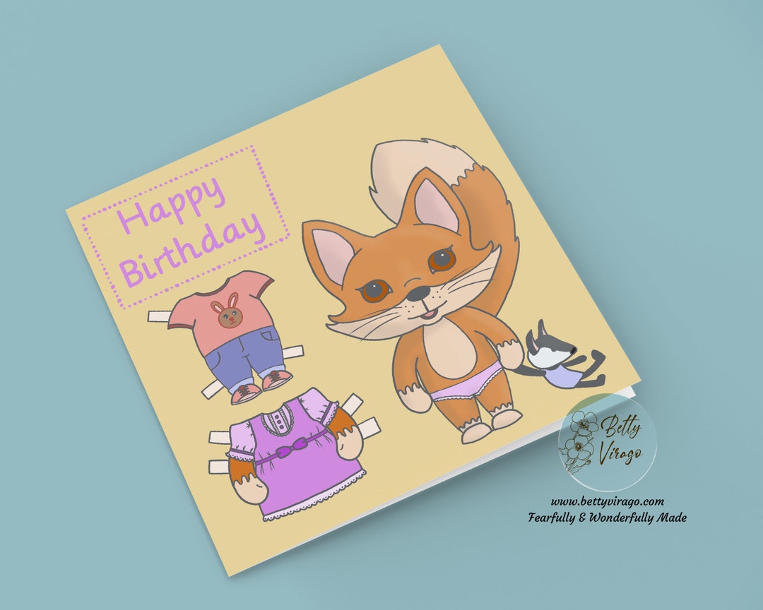 Fox Paper Doll Birthday Card, Baby Bunny Childs Fun Card Etsy