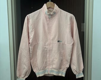 Vintage Soft Pink Windbreaker Retro Pastel Bomber Jacket Striped Ribbon Collar Track Top Light Spring Outerwear Aesthetic Size M