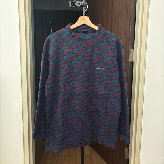 Mont-bell, Vintage Montbell Fleece Pullover Retro Abstract Geometric Pattern Gorpcore Hiking Outdoor Wear Purple and Blue Mock Neck Sweater