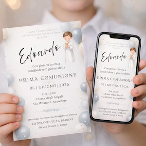 Invito Prima Comunione Bambino Animato Digitale Editable, Template Canva Invito Comunione Blu, Stampabile e WhatsApp, Download Immediato