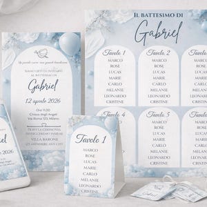 May include: A collection of light blue baptism stationery, including invitations, table cards, and a seating chart, all featuring the name "Gabriel" and the date "April 12, 2026." The design includes floral and balloon accents.