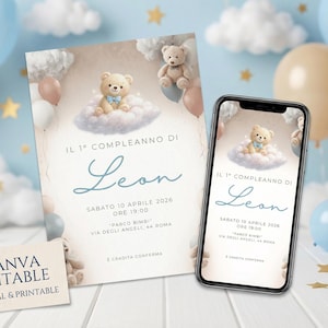Invito Digitale Compleanno Orsetto nuvole Bimbo, Economico Canva Modificabile, Invito un anno animato WhatsApp, Teddy Bear Azzurro Pastello