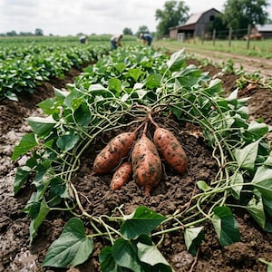 Puede incluir: Primer plano de batatas recién cosechadas en un campo. Los tubérculos de color marrón anaranjado están parcialmente cubiertos de tierra y rodeados de vides y hojas verdes. Trabajadores en el fondo.