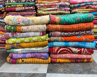 Handmade Kantha Comforter - Tropical Floral Print Quilt - Bohemian Style Blanket