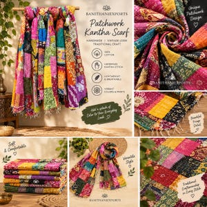 May include: A patchwork Kantha scarf featuring a vibrant array of multicolored fabric squares with intricate stitching. The scarf displays various floral and geometric patterns in shades of pink, yellow, green, and blue, finished with delicate fringe.