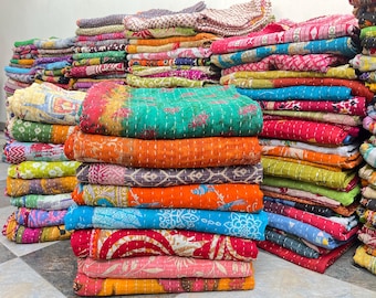 Artsy Kantha Quilt - Hand-Stitched Cotton Throw - Ethnic Indian Home Textiles