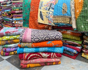 Reversible Kantha Throw Blanket - Eco-friendly Vintage Textile - Housewarming Gift